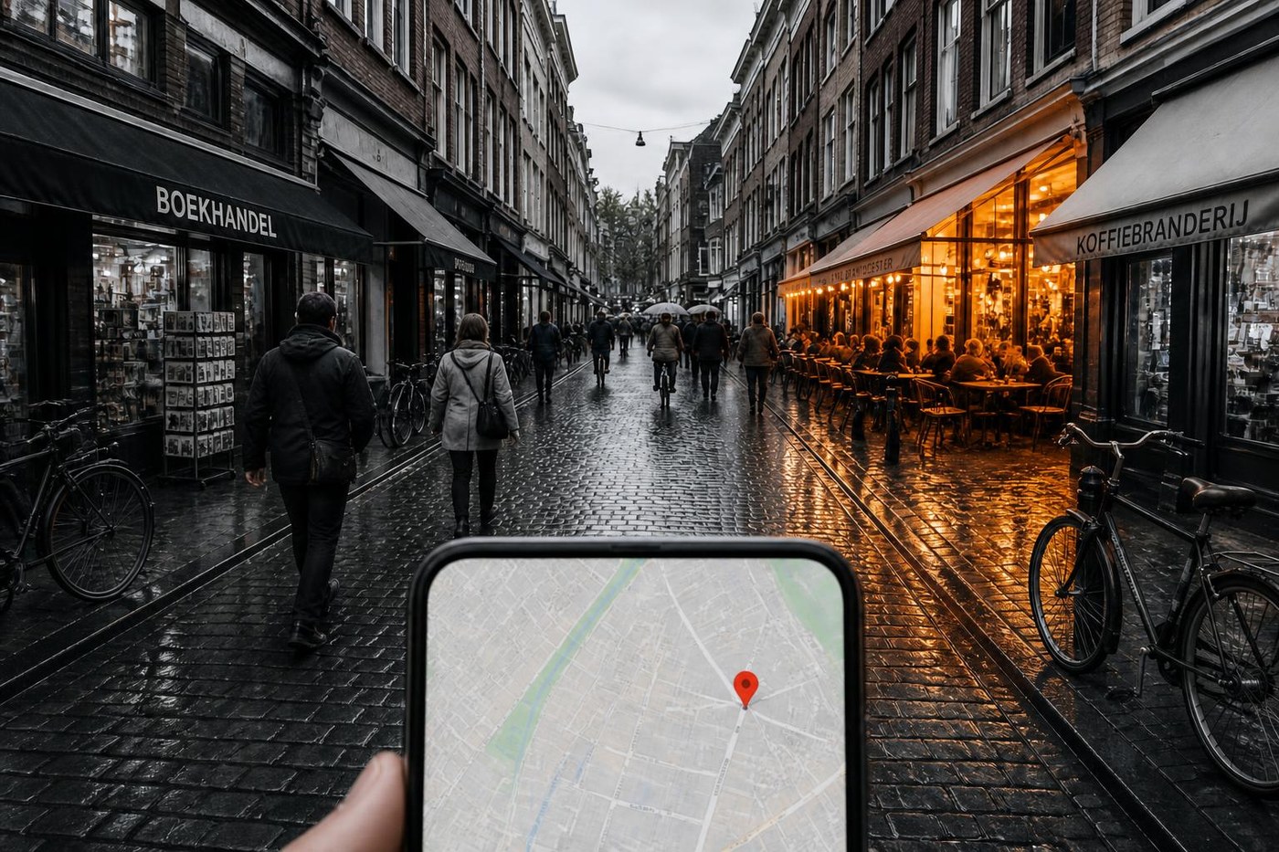 A grey shopping street where one cafe is lit and in colour, with a phone in the foreground showing it on the map